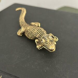 Alligator Crocodile Pin Brooch Clear Rhinestones Eyed & Gold Tone 4”